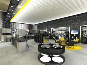 Ladenbau-Reifen-Autozubehör-Shop-Perspektive-vorne